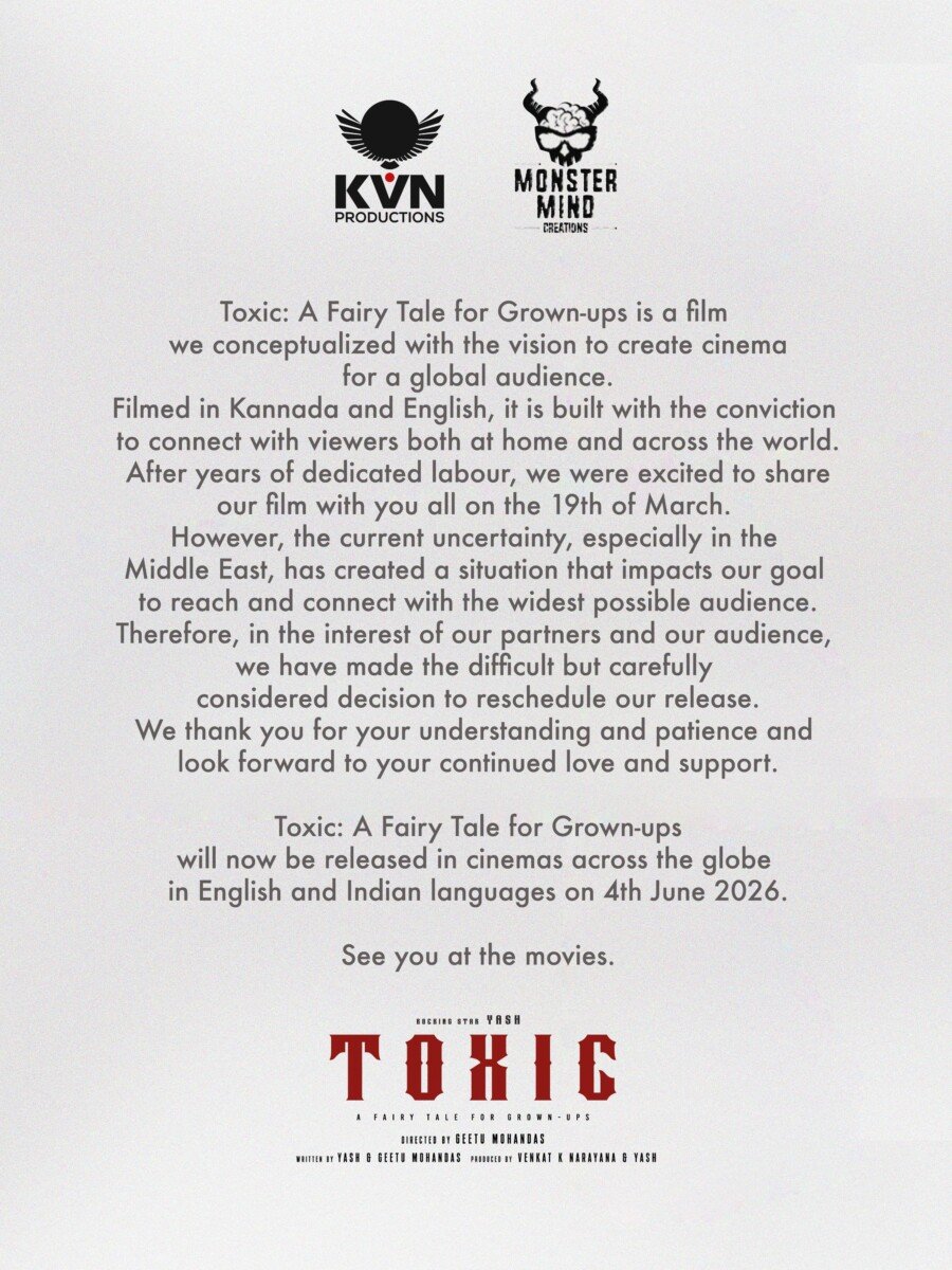 Owing to Rising Tension in the Middle East, release of Rocking Star Yash’s Toxic: A Fairy Tale for Grown-ups rescheduled to 4th June, 2026